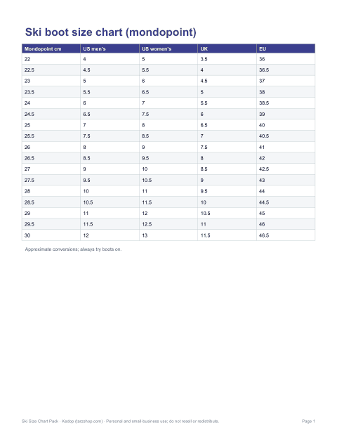 Preview of the first page of Boot size chart (PDF/XLSX)